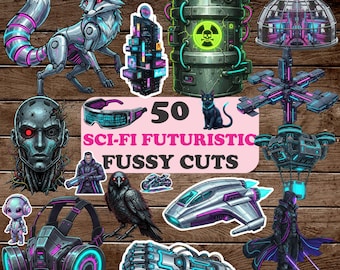 Paquete de recortes futuristas de ciencia ficción PNG, 50 imágenes prediseñadas imprimibles de cyberpunk, recortes de diario basura, archivos de silueta de Cricut y efímeras espaciales de robots