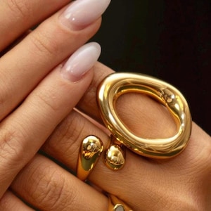 18k GULD RING, Guld O-formad ring, Stapelbara Boho Silverringar, Elegant glänsande ring, Statement-ring, minimalistisk ring, Gamla Pengarsmycken