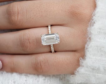 Emerald Cut Lab Diamond Hidden Halo Wedding Ring