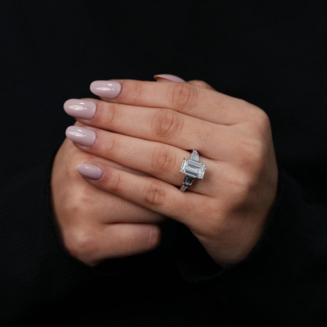 Three Stone Emerald Cut Lab Diamond Engagement Ring - Etsy