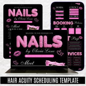 K&ouml;nnte beinhalten: Digitale Pr&auml;sentation einer Buchungsseite f&uuml;r ein Nagelstudio mit dem Namen "NAILS by Olivia Lane" in rosa, flauschigen Buchstaben. Die Seite enth&auml;lt Kontaktinformationen, Buchungsrichtlinien und Servicedetails, alles vor schwarzem Hintergrund.
