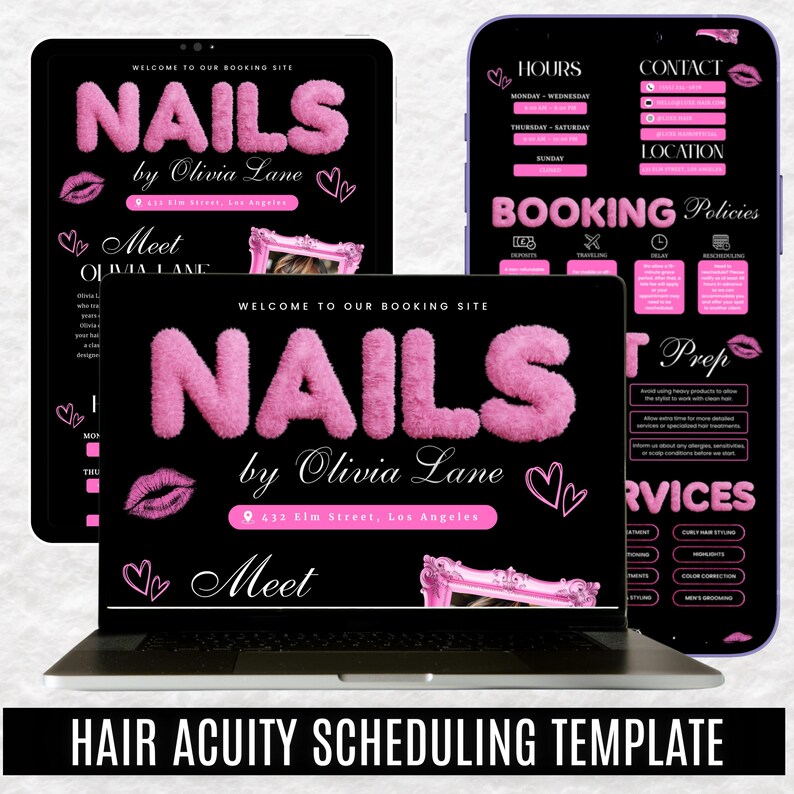 K&ouml;nnte beinhalten: Digitale Pr&auml;sentation einer Buchungsseite f&uuml;r ein Nagelstudio mit dem Namen "NAILS by Olivia Lane" in rosa, flauschigen Buchstaben. Die Seite enth&auml;lt Kontaktinformationen, Buchungsrichtlinien und Servicedetails, alles vor schwarzem Hintergrund.