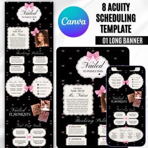 May include: A digital scheduling template for a nail technician featuring a black background with small white bows. The design includes white scalloped frames, pink bow accents, text reading Nailed to Perfection, and sections for booking policies, contact info, and nail prep guides.