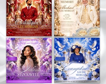 May include: Four funeral announcement flyers featuring portraits of individuals surrounded by floral arrangements, white doves, and celestial backgrounds. Each flyer includes names, sunrise and sunset dates, and service details in red, gold, purple, and blue themes.