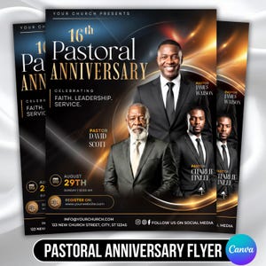 May include: A flyer for a 16th Pastoral Anniversary featuring three men in black suits. Text includes: 16th Pastoral Anniversary, Celebrating Faith, Leadership, Service, Pastor David Scott, Pastor James Watson, Pastor Charlie Finlee, August 29th.