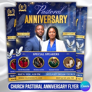 May include: A blue and gold flyer advertising a church pastoral anniversary. The design includes the words "Pastoral Anniversary" and features images of the lead pastor and first lady, plus special speakers. The date and time are displayed.