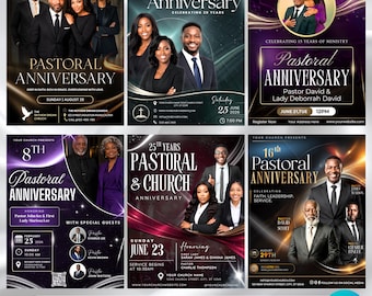 Plantilla de folleto para aniversario pastoral (6 unidades), programa de aniversario de la iglesia, folleto para eventos de la iglesia, plantilla de agradecimiento al pastor, editable en Canva.