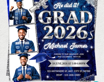 Graduation Flyer 2026 Blue Invitation Template, Canva Editable High School College Graduation Party Invite, Instant download