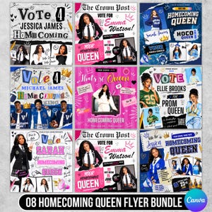 May include: A bundle of nine colorful Homecoming Queen flyers. Each flyer features a photo of a young woman, text such as "Vote For" and "Homecoming Queen", and decorative elements. The flyers are in various colors, including pink, blue, and green.