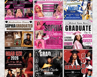 May include: Nine graduation booking flyers with pink, black, and gold accents. Each flyer features a graduate's photo, event details, and the year 2026. The flyers are designed for graduation celebrations.