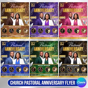 May include: A collection of flyers for a church pastoral anniversary event. Each flyer features a couple, event details, and the text "Pastoral Anniversary." The flyers have various color schemes.