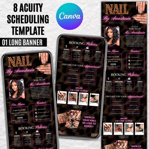 May include: A digital marketing template for nail technicians featuring a leopard print background with pink text. The layout includes sections for booking policies, contact information, business hours, and photo galleries for nail art designs.
