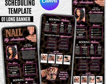 May include: A digital marketing template for nail technicians featuring a leopard print background with pink text. The layout includes sections for booking policies, contact information, business hours, and photo galleries for nail art designs.