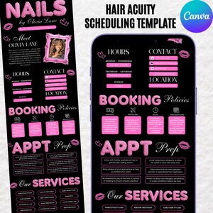 K&ouml;nnte beinhalten: Eine schwarze und rosa Friseursalon-Planungsvorlage mit dem Text "NAILS by Olivia Lane" und "HAIR ACUITY SCHEDULING TEMPLATE". Die Vorlage enth&auml;lt Abschnitte f&uuml;r &Ouml;ffnungszeiten, Kontakt, Buchungsrichtlinien und angebotene Dienstleistungen.