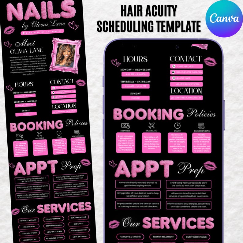 K&ouml;nnte beinhalten: Eine schwarze und rosa Friseursalon-Planungsvorlage mit dem Text "NAILS by Olivia Lane" und "HAIR ACUITY SCHEDULING TEMPLATE". Die Vorlage enth&auml;lt Abschnitte f&uuml;r &Ouml;ffnungszeiten, Kontakt, Buchungsrichtlinien und angebotene Dienstleistungen.