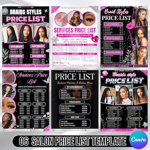 Puede incluir: Seis plantillas de lista de precios de salón en negro y rosa, que muestran varios peinados y servicios. Las plantillas presentan imágenes de trenzas, opciones de peinado y tratamientos. El texto detalla los nombres de los servicios y los precios.