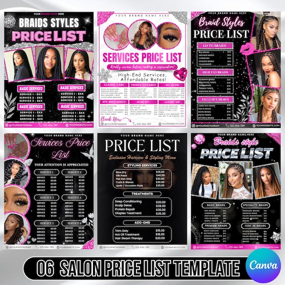 Salon Price List Template Bundle, Braids Styles Price List Sheet, Hair Price List,Lash, Nail, Wig, Braids, Makeup Price list, Canva Editable