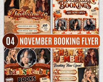 May include: A digital flyer template for November hair salon bookings featuring autumn leaves, warm brown tones, and multiple photographs of individuals with various hairstyles. The text includes Thanksvember, November Bookings, and £20 deposit required.
