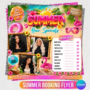 Puede incluir: Un folleto vibrante para ofertas de cabello de verano, con el texto "Summer Hair Specials" e imágenes de peinados, un flamenco, gafas de sol y una lista de precios. El folleto incluye el texto "Slay this Summer!" y "Good Hair All Summer!"
