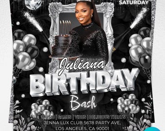 Birthday Celebration Flyer Template, Party Flyer, Birthday Invitation Flyer, Birthday Bash, Silver Birthday Party Flyer, Canva Editable