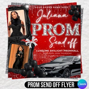 Op de afbeelding: Een rode en zilveren prom send-off flyer met de naam "Juliana" in cursief. De flyer bevat foto's van een persoon in een zwarte jurk, zwarte ballonnen en een zwarte auto. De tekst luidt "PROM Send off".