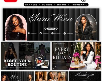 May include: A YouTube branding kit featuring a black banner with the name Elara Wren, social media icons, and various templates for intros, outros, and thumbnails. The designs include photographs of a person, text overlays, and graphic elements.