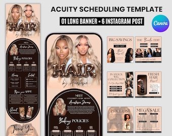 May include: A digital marketing template set for Acuity Scheduling featuring a long banner and six Instagram posts. The design includes text such as HAIR by Anastasia, BIG SAVINGS, and PRICE LIST, with images of people with blonde hair.