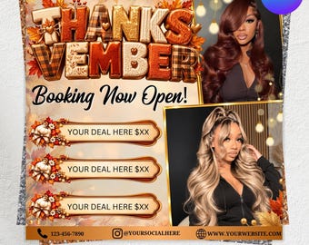 May include: A promotional flyer titled THANKSVEMBER Booking Now Open featuring autumn leaves, three blank deal banners with pumpkin graphics, and two photographs of individuals with long styled hair. Includes placeholders for brand name and contact info.
