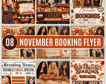 May include: A collection of digital marketing flyers for November hair appointments featuring autumn themes, fall foliage, gold text, and photographs of individuals with various hairstyles, including text overlays like Thankful November and Bookings.