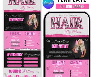 May include: A digital Acuity scheduling template for a hair stylist featuring a long banner design. The layout includes the text HAIR By Olivia, a photo of a person with blonde hair, business hours, contact info, and business policies.