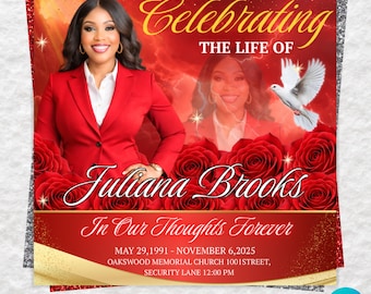 Red Roses Funeral Announcement Flyer, Celebration of Life, Memorial Announcement Flyer, Funeral Invite, Canva Template, Digital Download