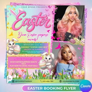 May include: A colorful Easter booking flyer with the word "Easter" in pink script. The flyer features images of women with pink hair, Easter eggs, and bunnies. Text includes "Your Easter surprise awaits!" and "Mystery Egg #1 & #2".