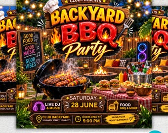 Backyard BBQ Party Flyer,  Summer Cookout Flyer, DIY Canva Editable Design Template, Food Flyer, Social Media Flyer, Party Flyer