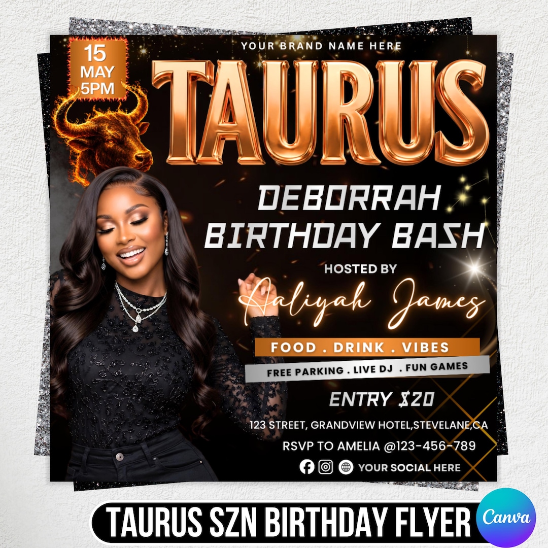 Taurus Birthday Bash Flyer, Customizable Party Invitation, Free Parking ...