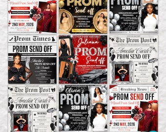May include: A bundle of seven prom send-off flyers with various designs. Each flyer features a different name, date, and time for the event. The flyers include photos of individuals and decorative elements like balloons.