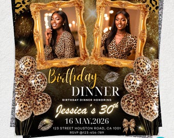 Leopard Print Birthday Flyer, Gold Dinner Invitation, Social Media Evite, DIY Birthday Party Template, Party Flyer Invite, Canva Editable