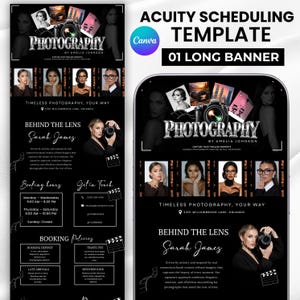 May include: A black Acuity Scheduling template for photography services featuring the text Photography by Amelia Johnson, Behind the Lens Sarah James, booking hours, contact details, and booking policies, decorated with film strips and camera icons.