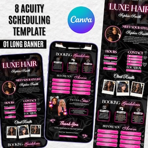 May include: A digital marketing template for hair extensions, with a black and pink design. The template includes the text "LUXE HAIR" and "Sophia Smith", along with booking guidelines and client results. The Canva logo is visible.