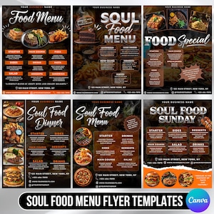 May include: A collection of six Soul Food menu flyer templates. Each flyer features a different layout with menu items, food images, and the text "Soul Food" or "Food Menu". The templates are designed for restaurants.