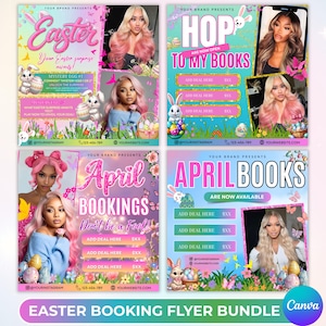 May include: A bundle of four colorful Easter-themed booking flyers. Each flyer features a woman with pink hair, Easter eggs, butterflies, and text such as "Easter," "Hop to my books," and "April Bookings." The flyers are designed for social media.