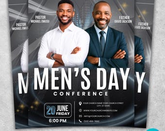 May include: A flyer for a Men's Day Conference featuring two smiling individuals with crossed arms. One wears a white button-down shirt, the other a dark suit and tie. Text includes Pastor Michael Owusu, Father David Jackson, 20 June, and 6:00 PM.