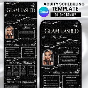 Pode incluir: Um modelo de agendamento Acuity em preto e prata com estampa de leopardo para um negócio de cílios. O design apresenta o texto GLAM LASHED, uma foto de uma pessoa, informações de contato, horários, políticas de reserva e instruções.