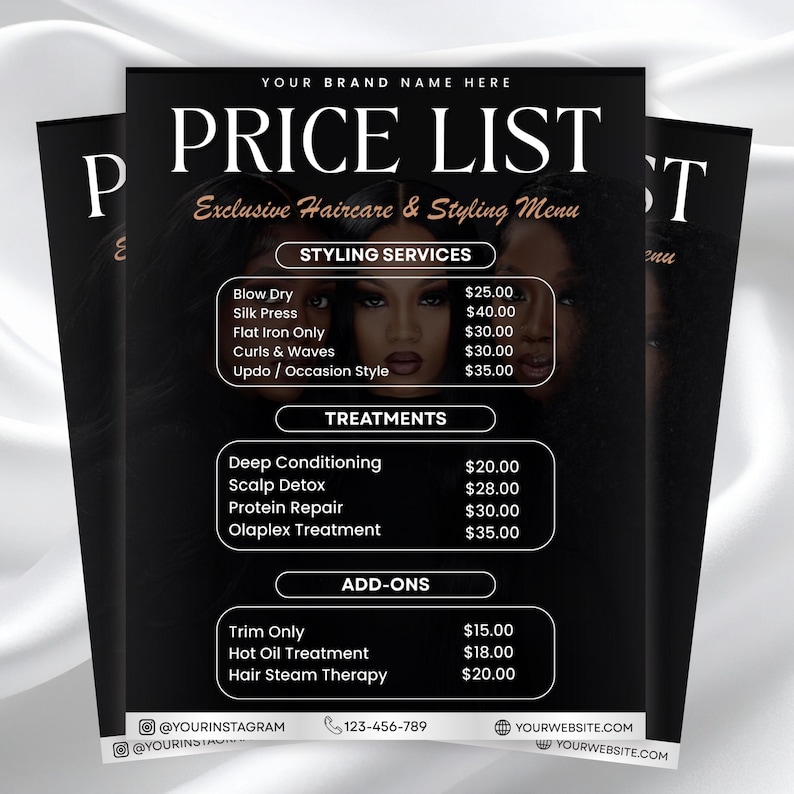 May include: A black and white price list for exclusive haircare and styling services. The price list includes styling services, treatments, and add-ons. The text includes the brand name, service descriptions, and prices. The background features images of women with long, dark hair.