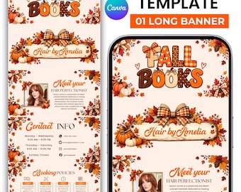 May include: A digital Acuity scheduling template featuring a long banner design with autumn-themed graphics including pumpkins, fall leaves, and plaid bows. The text reads Fall Books, Hair by Amelia, Meet your Hair Perfectionist, and Booking Policies.