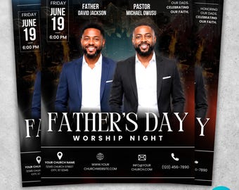 May include: A Father's Day church flyer featuring two men in suits, with text reading: Your Church Presents, Father David Jackson, Pastor Michael Owusu, Friday June 19 6:00 PM, Honoring Our Dads, Celebrating Our Faith, Father's Day Worship Night.