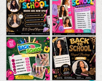 Back To School Flyer Bundle, Back To School Bookings Flyer, Back To School Sale Flyer, Hair Flyer Canva DIY Text, Instant Download