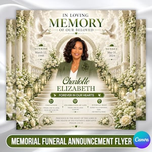 Può includere: Un volantino di annuncio funebre con il ritratto di una donna in blazer verde. Il design include fiori bianchi, colombe e colonne in pietra. Il testo include IN LOVING MEMORY OF OUR BELOVED, Charlotte Elizabeth, date e dettagli.