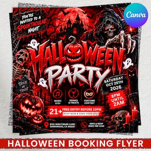 May include: A Halloween party flyer featuring a red and black theme with a grim reaper, jack-o'-lanterns, skeletons, and a haunted house. Text includes 'You're invited to a spooktacular night', 'Halloween Party', 'Saturday Oct 25th 2026', and event details.