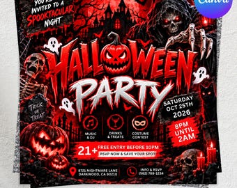 May include: A Halloween party flyer featuring a red and black theme with a grim reaper, jack-o'-lanterns, skeletons, and a haunted house. Text includes 'You're invited to a spooktacular night', 'Halloween Party', 'Saturday Oct 25th 2026', and event details.