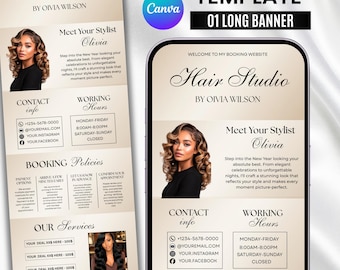 May include: A digital Acuity Scheduling template for a hair studio featuring a long banner design. The layout includes sections for contact information, working hours, booking policies, and service listings, all presented in a neutral beige colour palette.